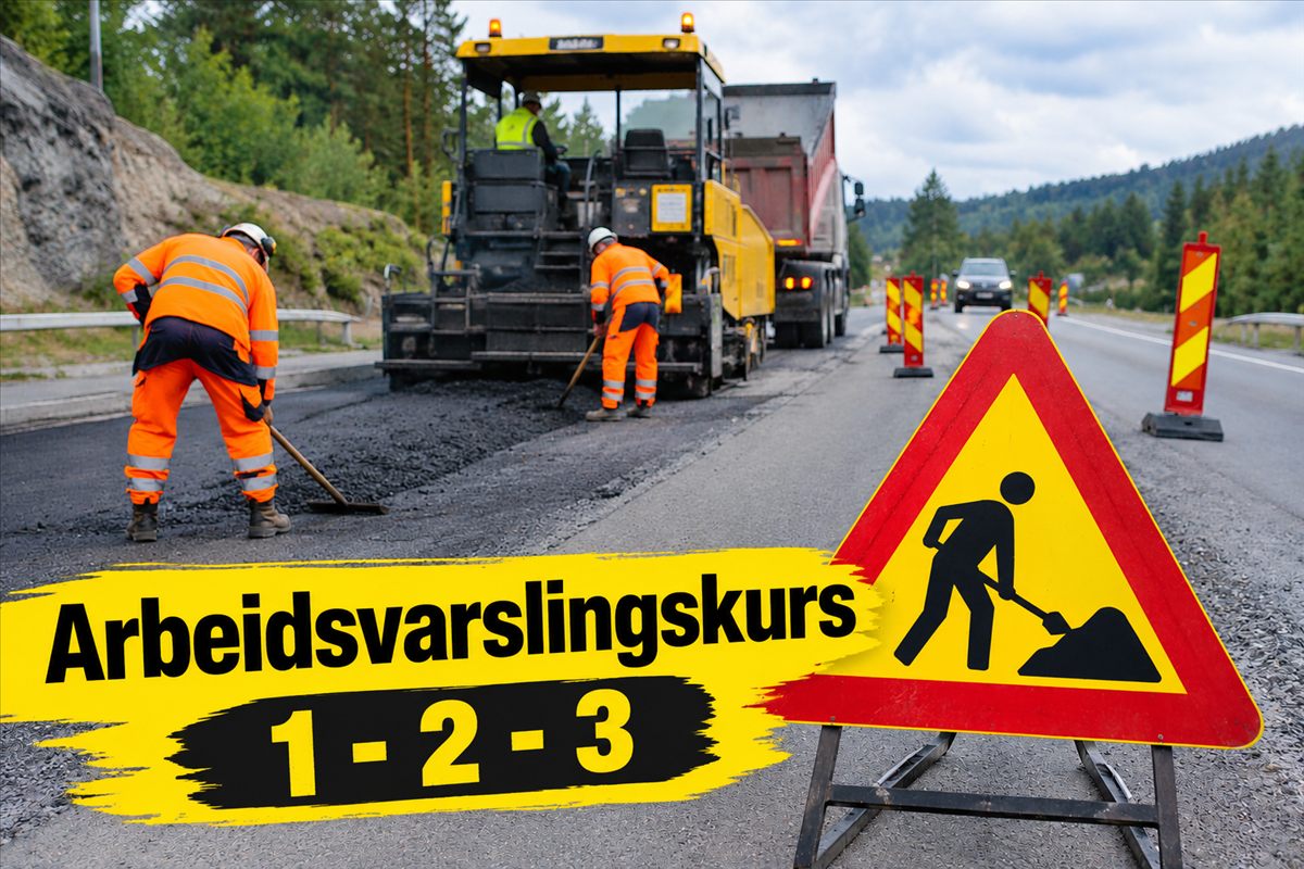 Veiarbeidere i arbeidsvarslingsklær ved asfaltering, med varselskilt